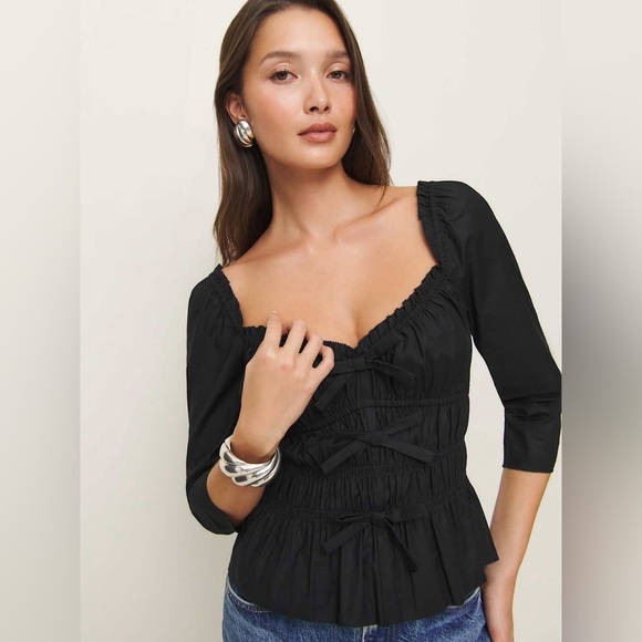 NEW Reformation Lauryn Elegant Cotton Black Top Bows | size 2 - Picture 2 of 11